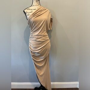 Vacation, beige, one shoulder goddess dress Large